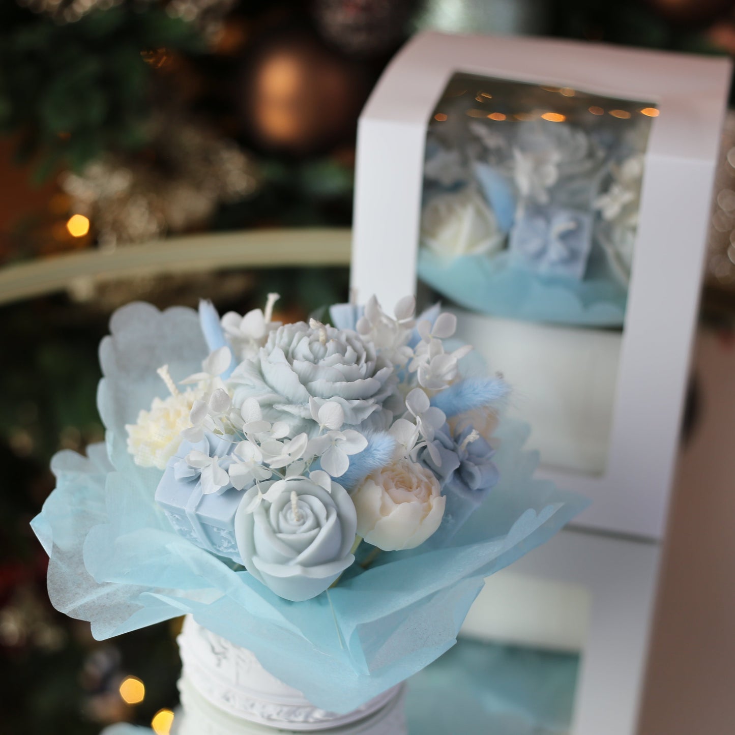 Babyshower Geschenk Blumenstrauß "Blue" – Forever-Duftkerze aus 100% Sojawachs