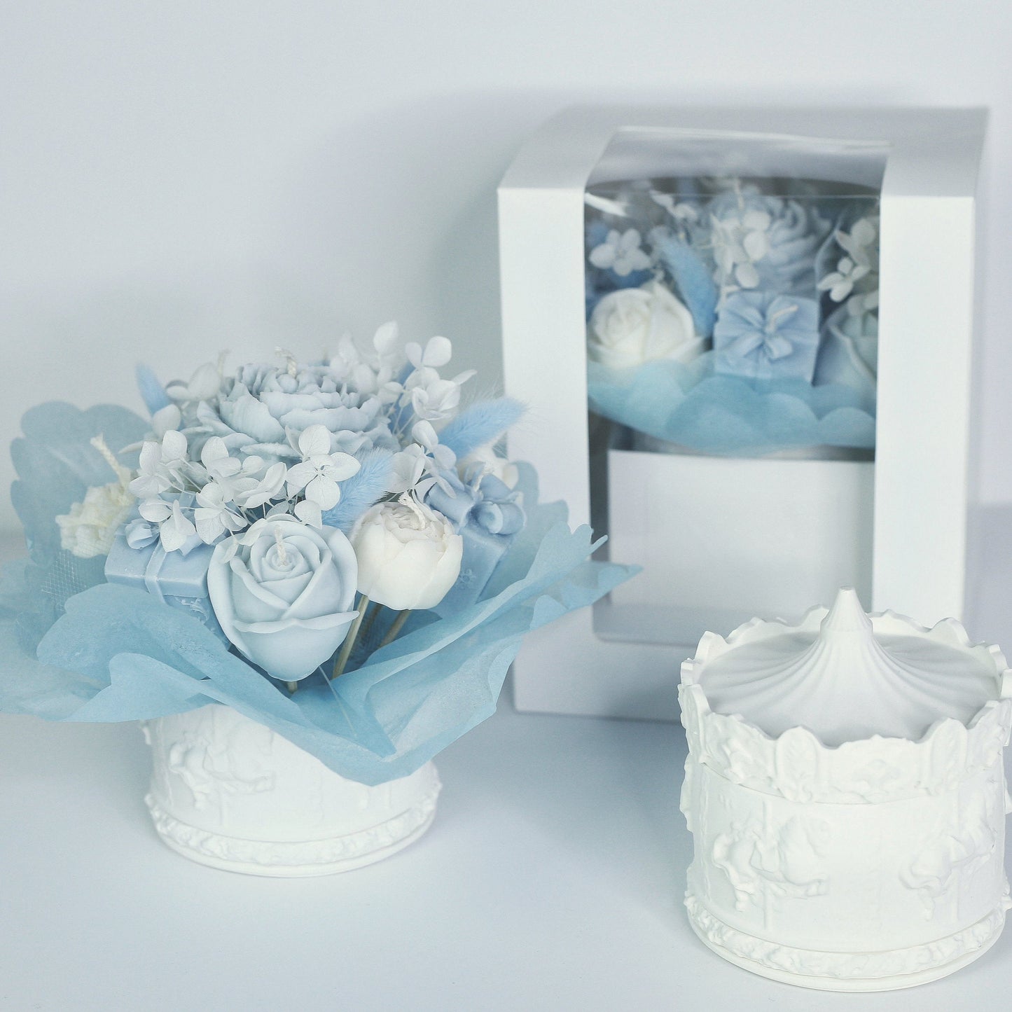 Babyshower Geschenk Blumenstrauß "Blue" – Forever-Duftkerze aus 100% Sojawachs