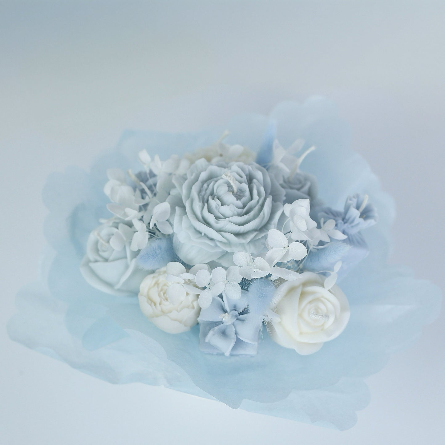 Babyshower Geschenk Blumenstrauß "Blue" – Forever-Duftkerze aus 100% Sojawachs